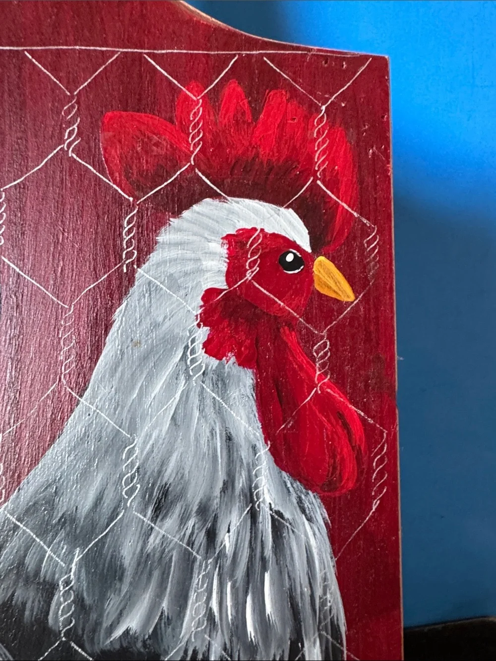 Hand-Painted Rooster cutting board Folk Art- Red, Black, White by Nanny Beth